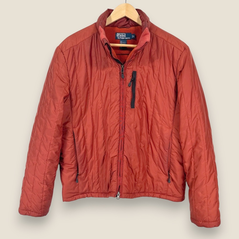 Polo Ralph Lauren Quilted Puffer Jacket Men Large Orange Fleece Lined Blue Label